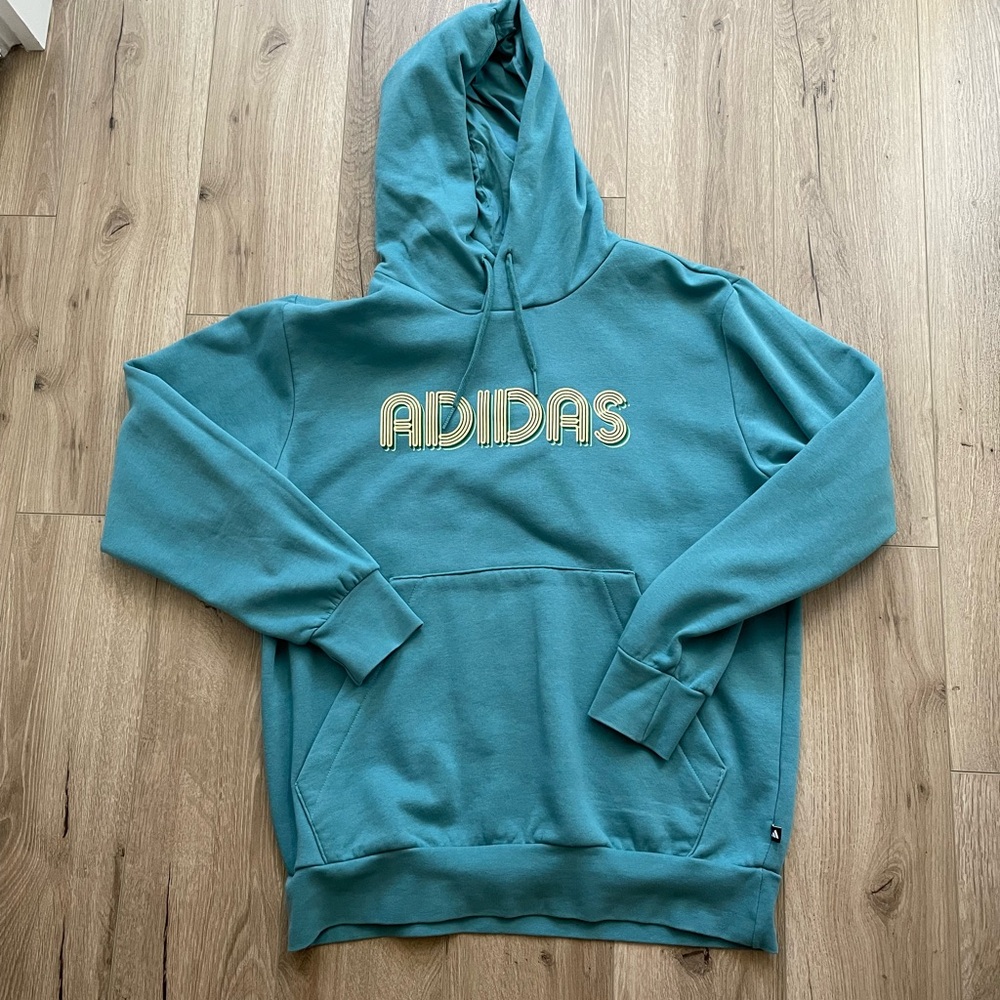Adidas essentials teal recent hoodie fleece men’s L slim AOP excellent condition